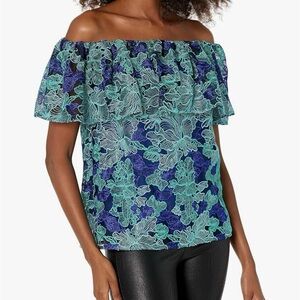 Trina Turk Embroidered Off The Shoulder Wisdom Floral Blue Green Top Blouse S
